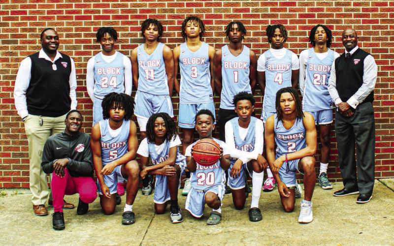 BLOCK HIGH School boys basketball team pictured above kneeling from left to right Manager Timauryon Conner, Marquese Bullits, Aiden Long, Kaden Collins, Jayden Finister, and Kristian Osteen. Standing from left to right Coach Christopher Sherman, McCai Maxon, Bryan Bowie, Caleb Henderson, Jamarious Jefferson, Korin Colllins, Antonia Barber, and Coach Leodis Norman.