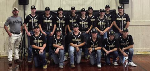 2025 HARRISONBURG Bulldog baseball players Bronx Dill #9, Laine Dupuis #15, Eli Webb #5, Dominic Stott #26, George Bacon #21, Gage Dunigan #24, Landon Wiley #99, Carter Pentecost #12, Bryce Butts #33, Jake Book #2, Kaleb Stewart #14, Maddux Trisler #3, Braden McGuffee #25, Tate Tiffee #32, Corbin Nugent #11, and Eden Dulworth #4.