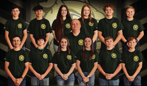 CATAHOULA PARISH Shooting Sports Club pictured above, from left to right: Front row Landon Ferguson, George Bacon, Ainsley Ogle, Claire Camp‑bell, Austin Nealm, and Jake McGuffee. Center row Tommy Mayo. Back row Braden McGuffee, Devin Littleton, Madyson Campbell, Emily Womack, Liam Bass, and Tommy Ogle.