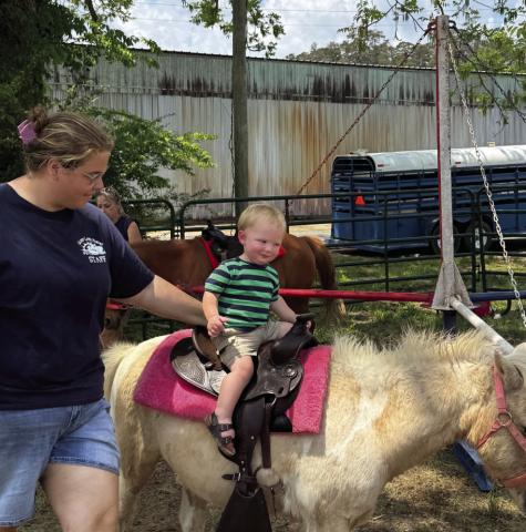 Drake riding a pony at the Harrisonburg Festival.